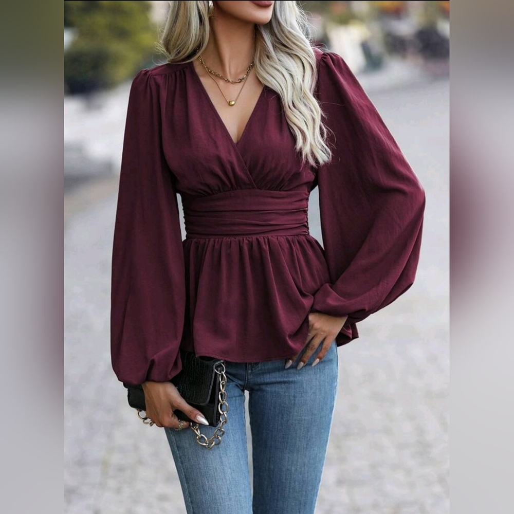 NEW Chic Ruched Waist Peplum Top Burgundy Red Sangria Wine Purple